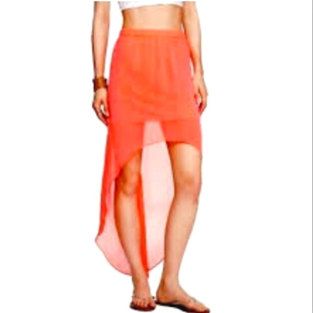 Express Sheer High Low Neon Orange Skirt Sz Small